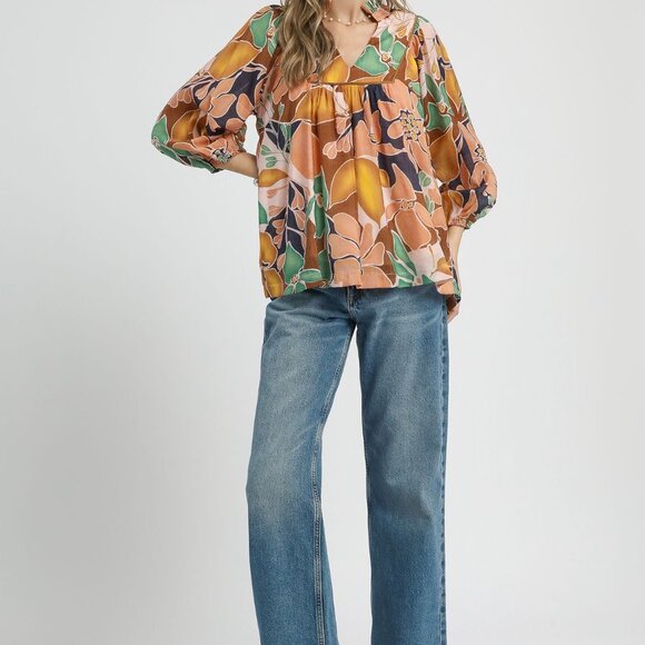 Umgee Multicolor Abstract Floral Print‎ Blouse with Ruffle Neck - Picture 4 of 5